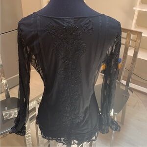 Plenty by Tracy Reese black sheer beaded floral blouse top S